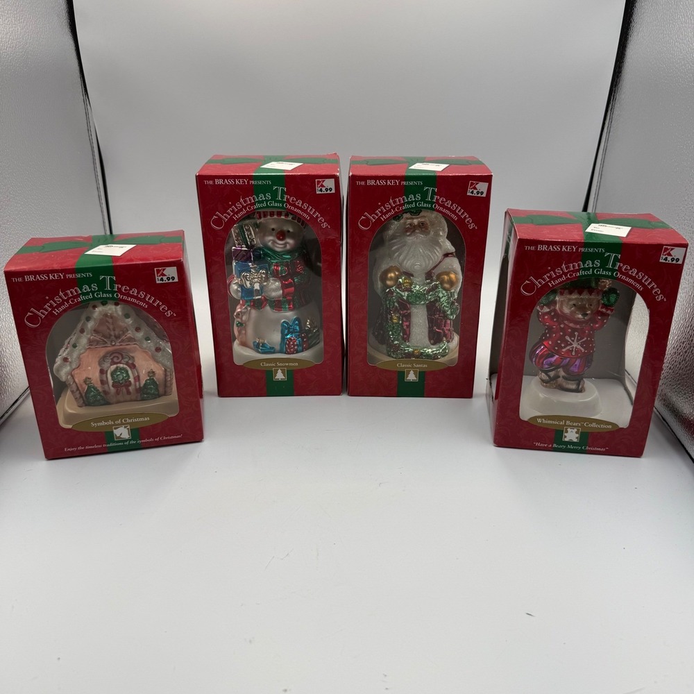 Vintage Y2K Brass Key Christmas Treasures Glass Ornaments Set of 4 Santa 2001